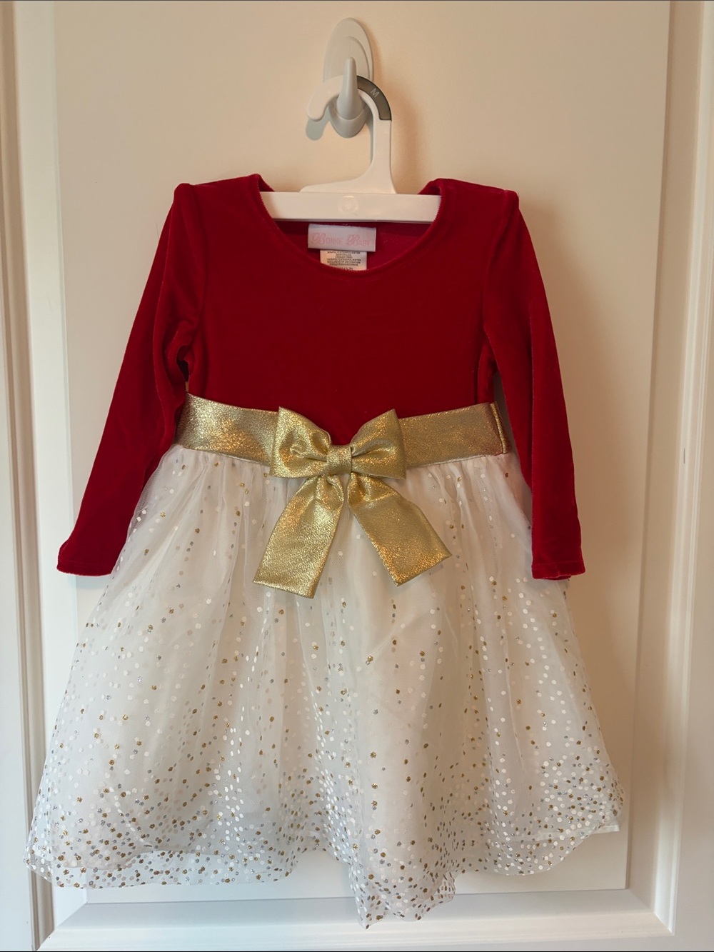 Bonnie Baby Red Velvet Dress with Gold Bow and White Tulle Skirt